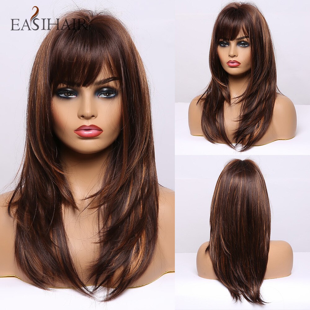 Easihair Medium Lengte Donkerbruin Rechte Synthetische Pruiken Met Pony Voor Vrouwen Bob Pruik Hittebestendige Cosplay Party Pruik Dark pruik