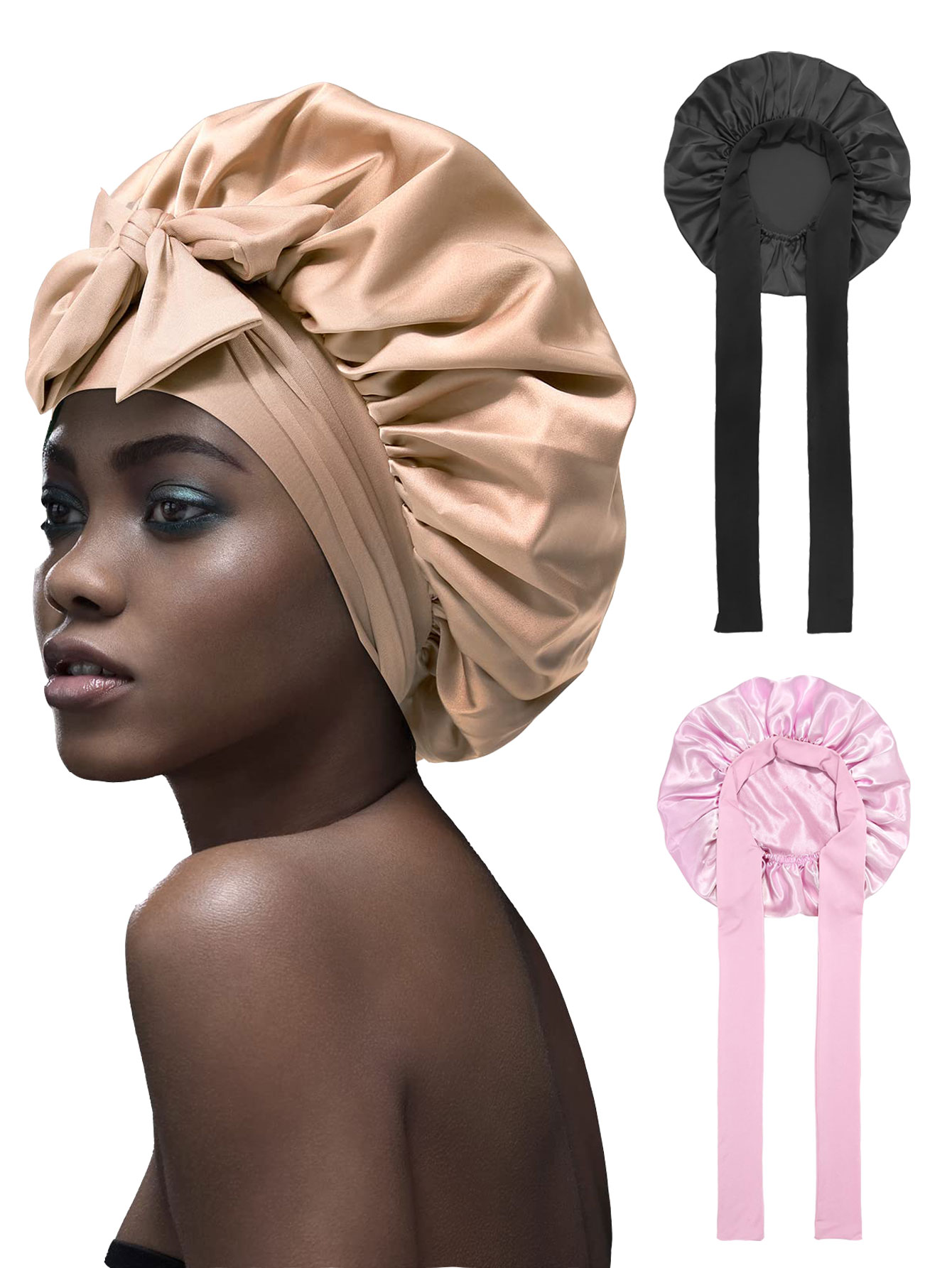 Silk Bonnet for Sleeping Women Satin Bonnet Hair Bonnet night sleep cap scarf wrap for curly hair With Tie Band for Curly Gi