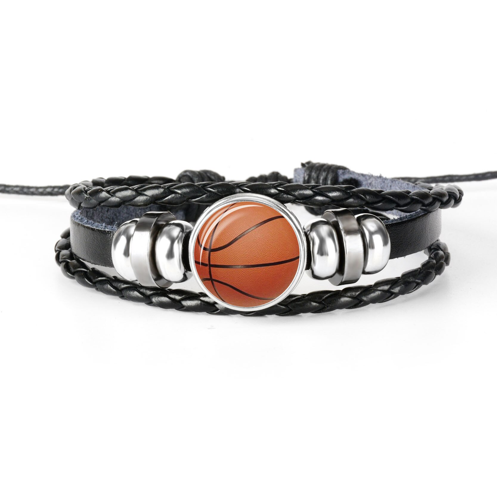 Pulsera deportiva de cuero de tejido negro para hombre, brazalete de foto de fútbol, béisbol, baloncesto, voleibol, pulsera cabujón cristal