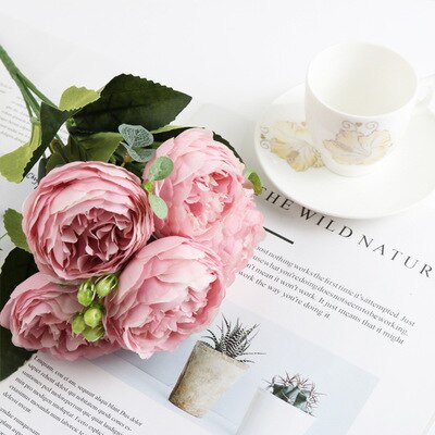 30cm pioner kunstig rose blomster bukett silke pion brud som holder blomster bryllup hjemmedekorasjon fest diy faux vår: Rosa