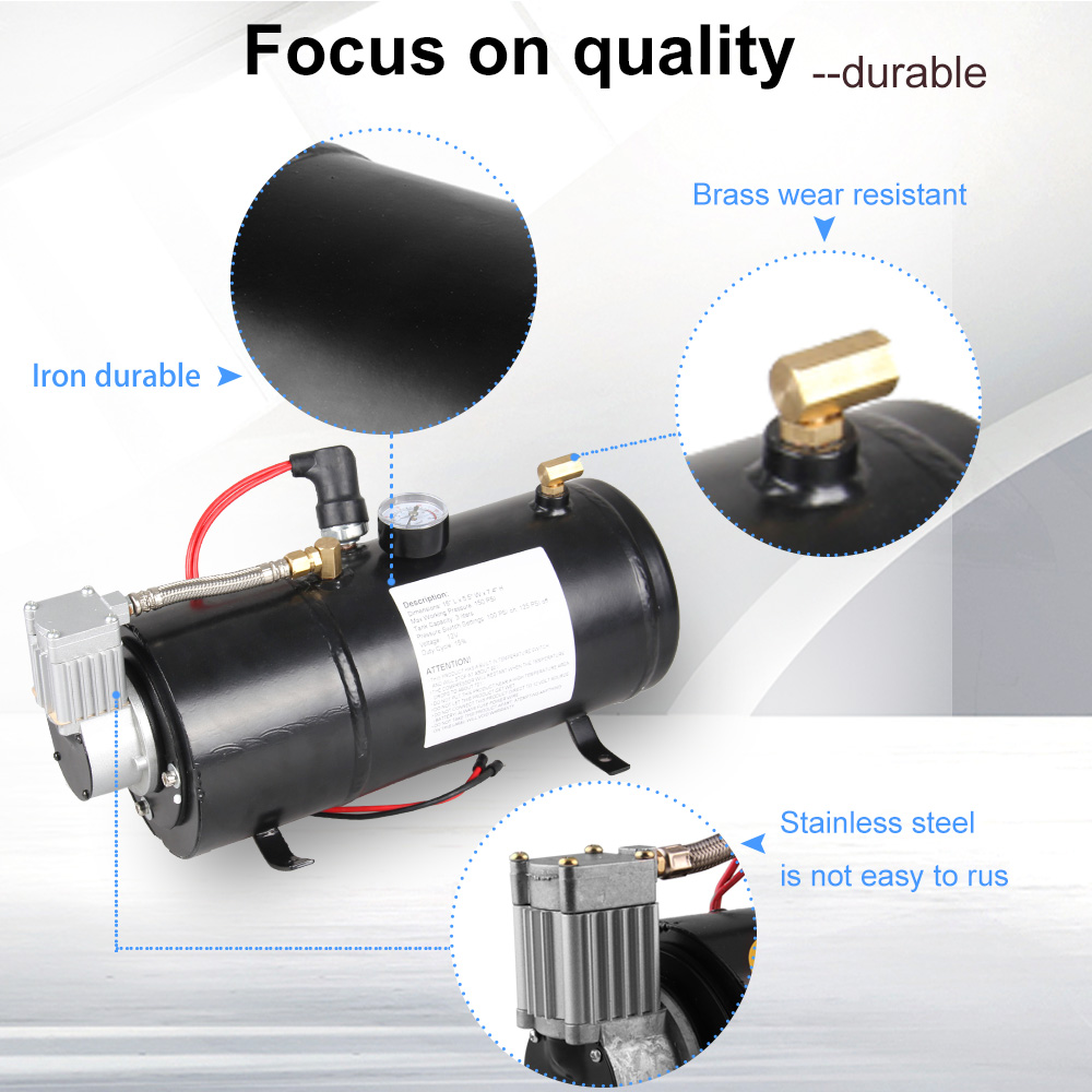 12v Air Compressor with 3 Liter Tank for Air Horn Train Truck RV Pickup 125 PSI OT200-BK