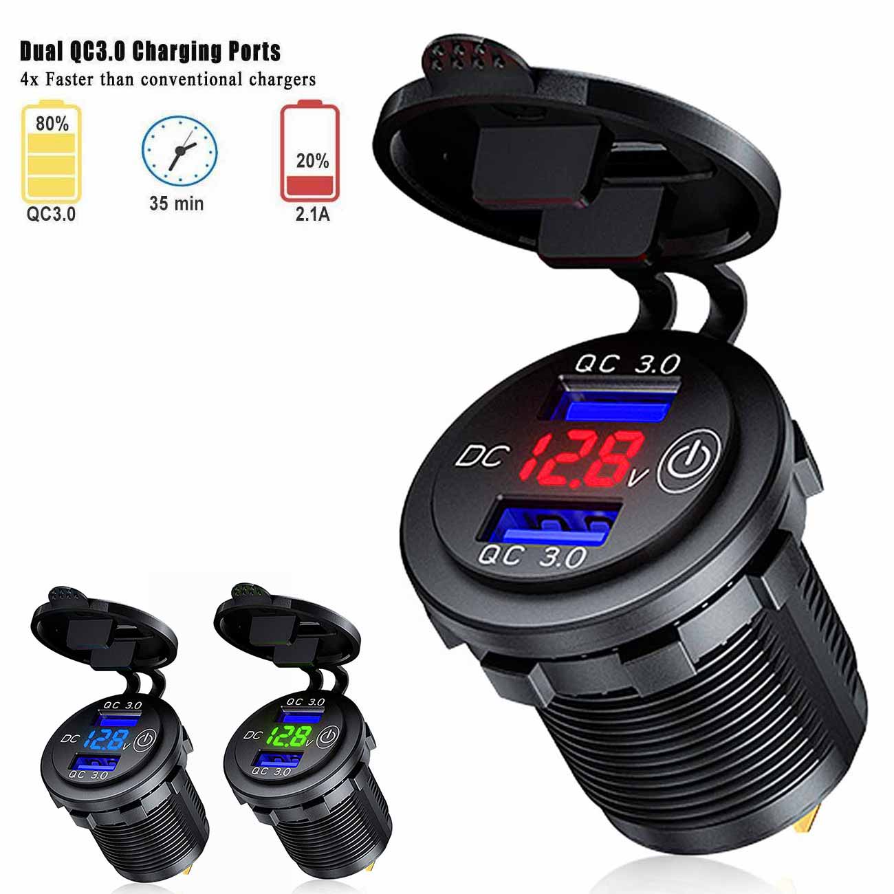 Dual USB Quick Charge Socket With Touch Switch LED Voltmeter Display Splitter Cigarette Lighter 12V-24V QC3.0 Power Adapter