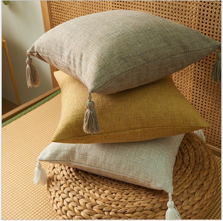 Massivt almindeligt bomulds pudebetræk med kvaster gul beige boligindretning pudebetræk 45 x 45cm pudebetræk sofa pudepude