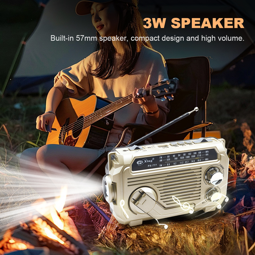 Radio de emergencia con manivela de PX-777, Radio portátil con energía Solar, banda AM/FM/SW con linterna LED, altavoz BT para emergencias