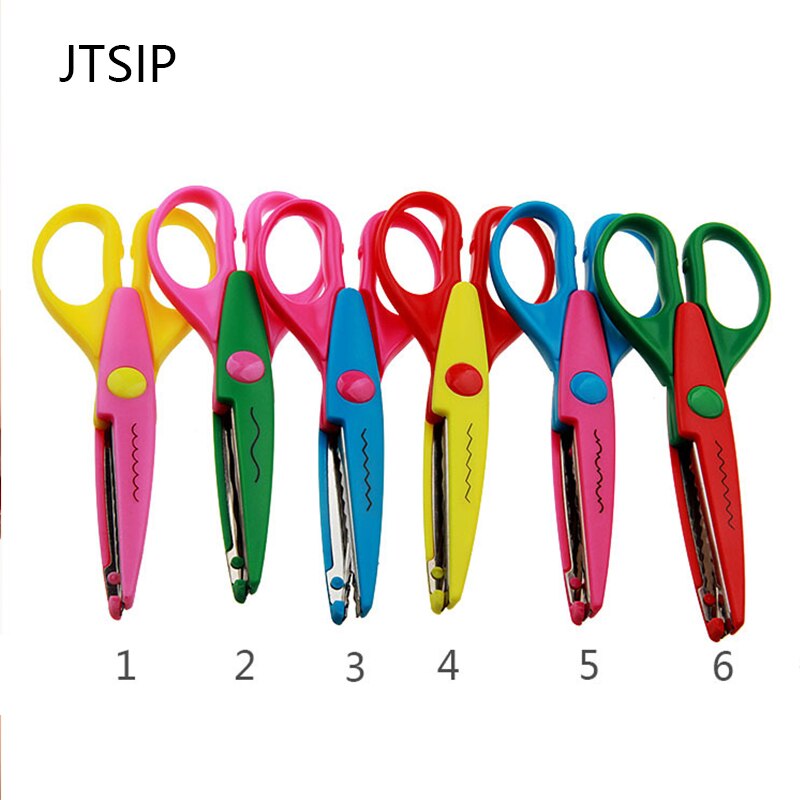JTSIP Kids Safety Lace Scissors Stainless Steel Plastic Scissors School Paper Cutter Tool Six Patterns Set Children DIY Scissors