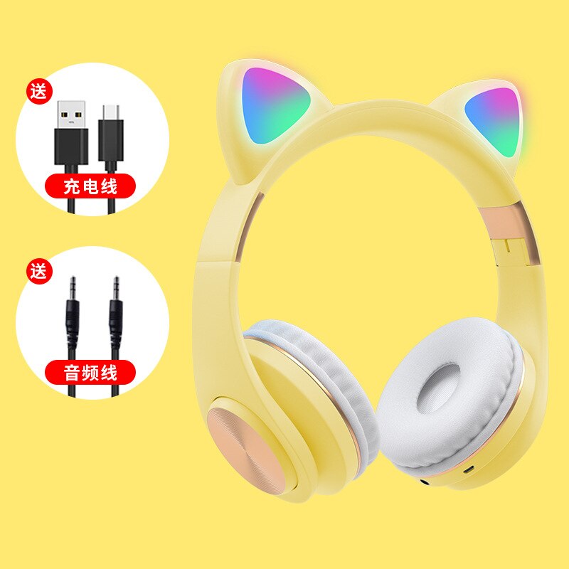 RGB flash light cute cat ear wireless headphones noise reduction headset Bluetooth children's headset with microphone for phone: yellow