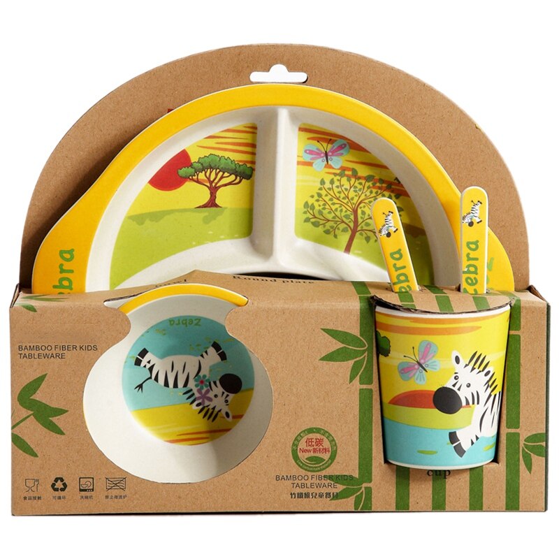 Vajilla de fibra de bambú para comer con dibujos animados para bebés, plato de comida para niños, plato de alimentación para niños, Bol de entrenamiento para niños, cuchara, tenedor, 5 unids/set: B