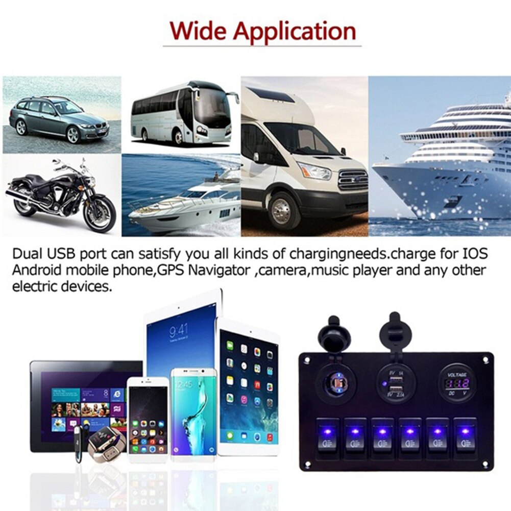 12-24V 6 Gang Car Marine Boat Circuit Board Voltage Display Switch Control Panel Modified DC RV boat-shaped switch panel