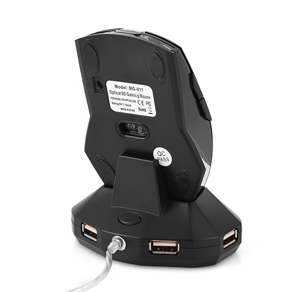 2.4GHz Rechargeable Wireless Optical Mouse Gaming Mice w/ Charging Dock Stand USB Hub Black