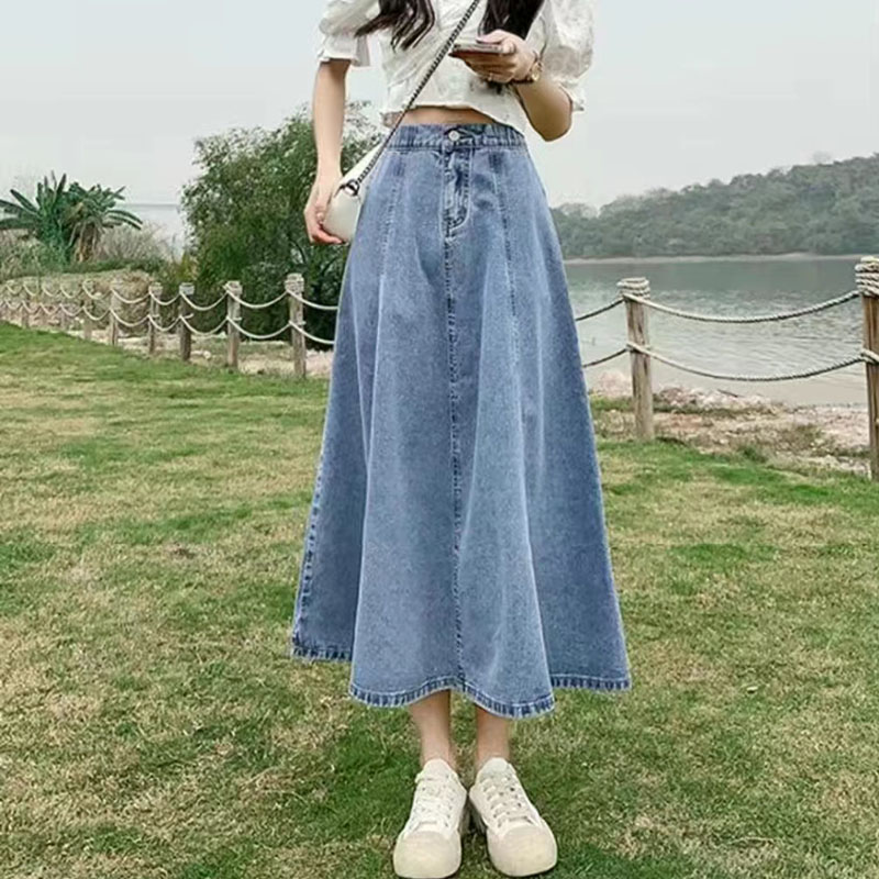 Lucyever koreansk stil højtaljede lange nederdele til kvinder sommer tynd a-linje denim nederdel kvinder all-match midi nederdele: Xxl / Blå