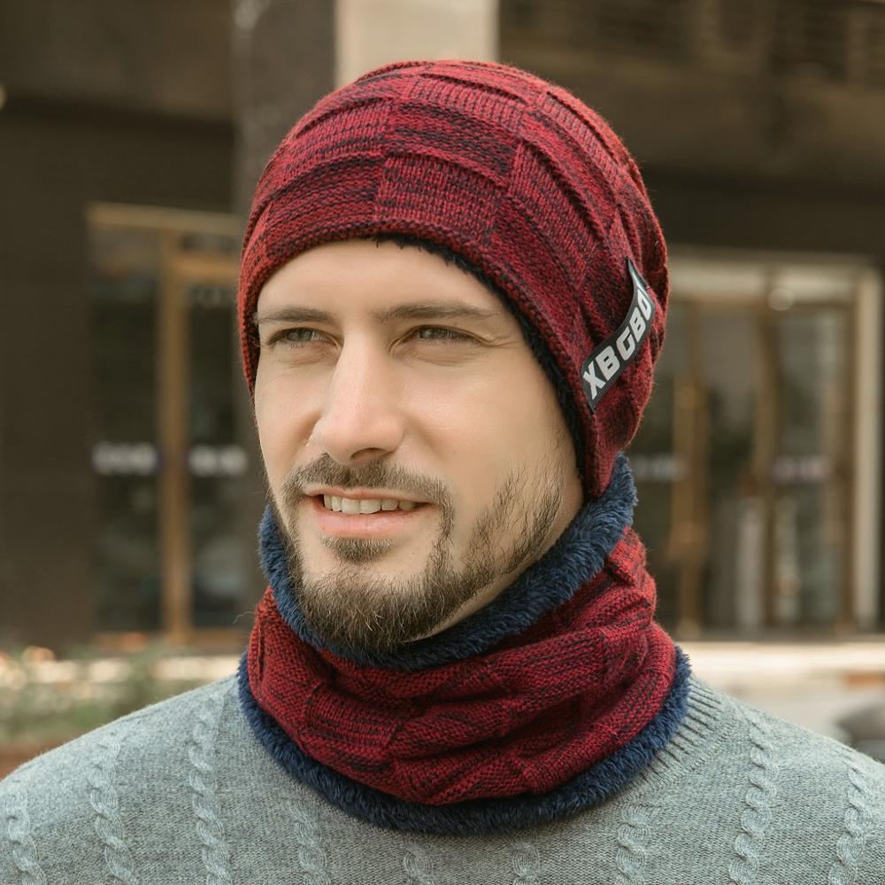 Hals varmere strikket hat tørklæde sæt pels uldforing tyk varm strik beanies vinter hat til mænd kvinder cap skullies motorhjelm hold varm: Vin