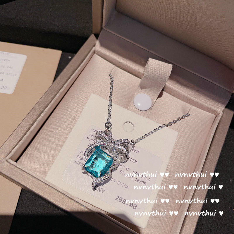 brillant Meer Blau CZ Stein Schmuck einstellen Damen Silber Farbe Bowknot Hochzeit Engagement Braut Partei Schmuck: Halskette