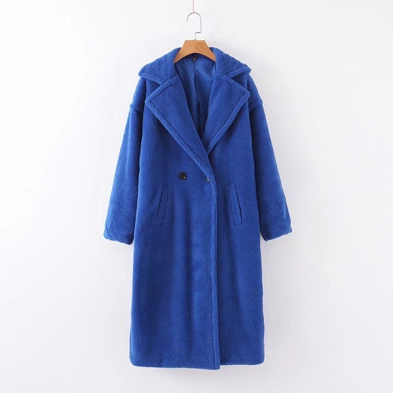 Abrigo largo de piel sintética con cuello con muescas para mujer, Chaqueta larga mullida de borreguito, ropa para mantener el calor, color púrpura, para invierno: Azul real / S