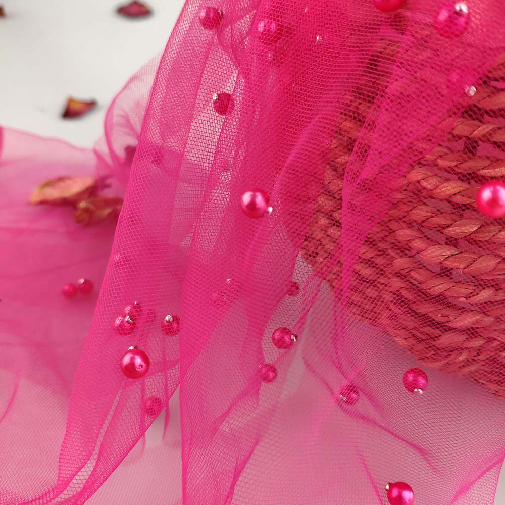 Tissu en Tulle et dentelle perlée, 5 mètres, décoration pour robe, , en Stock, 2022: Fushia 5Y