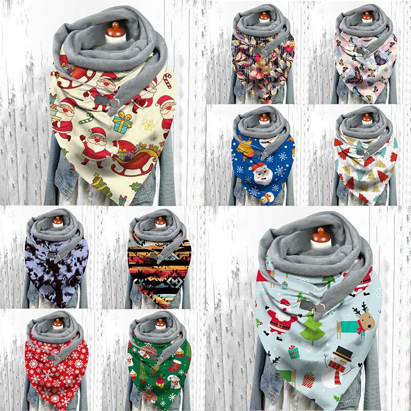 Multi-usages col châle femmes noël impression écharpe bouton écharpe enveloppes Triangle foulards Plus velours motif papillon