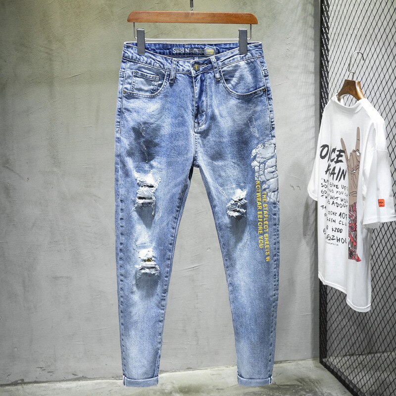 European And American High Street Men's Hole Patch Jeans Stretch Slim Brand Casual Nine Points Pants