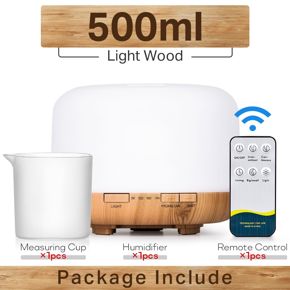 300 500ML Air Humidifier With Remote Control Colorful Non-printed Ultrasound Aroma Diffuser Pure White Dark Light Wood Grain: Cadmium red / AU