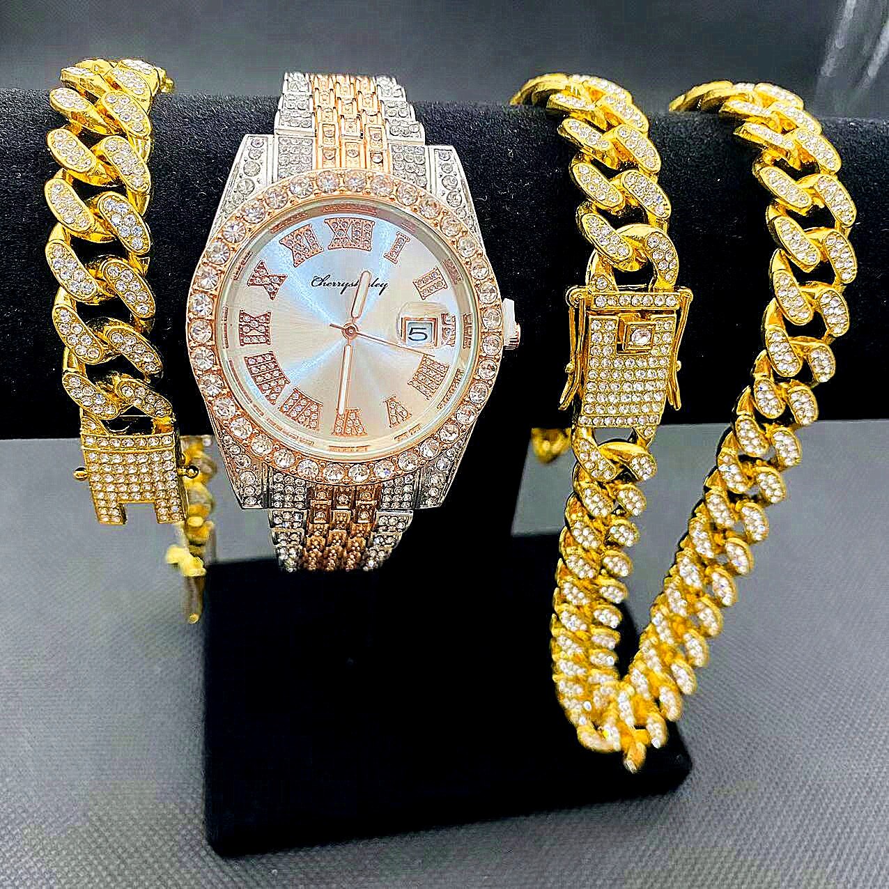 Montre entièrement glacée pour hommes, Bracelet, collier, ras du cou, bijoux bling-bling, grande chaîne en or, Hip Hop, ensemble de montre