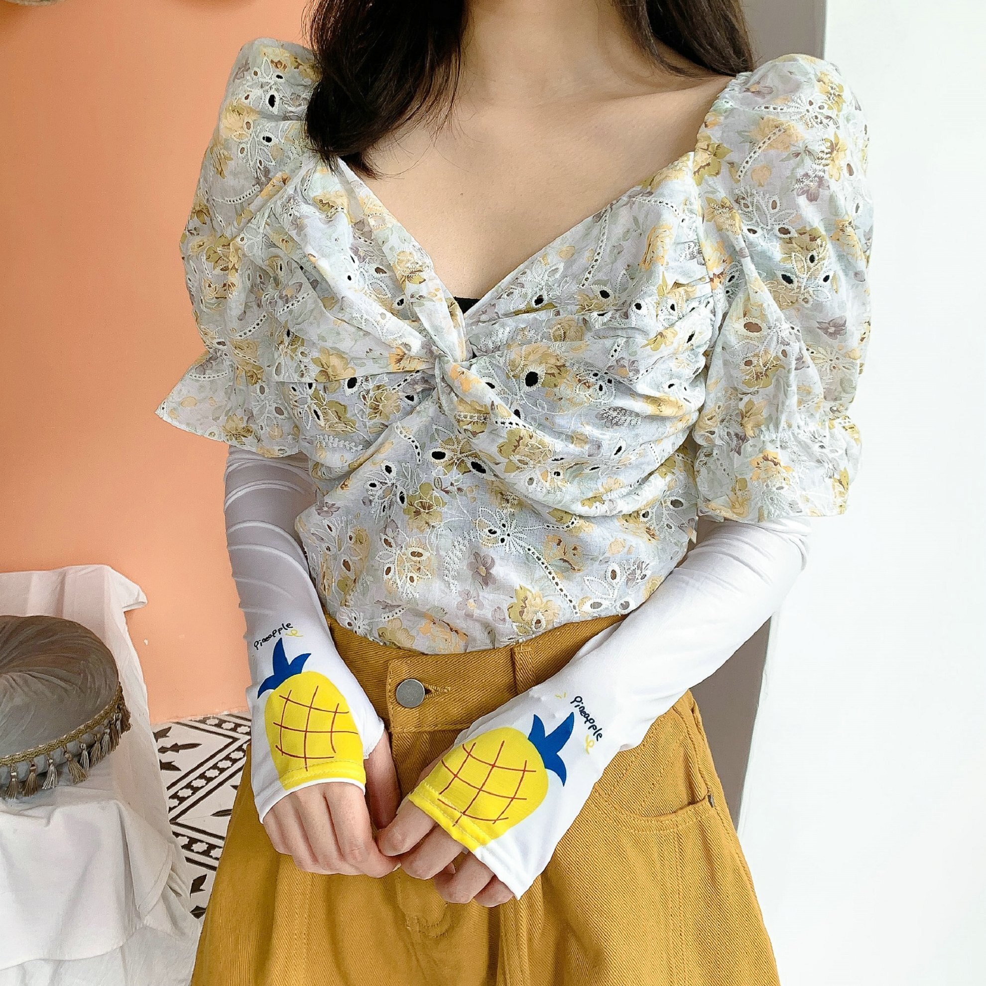 2 Stuks = 1 Pairs Koreaanse Stijl Leuke Fruit Ananas Oversleeves Alle-Match Zon Bescherming Uv Zon bescherming Arm Mouwen: Default Title