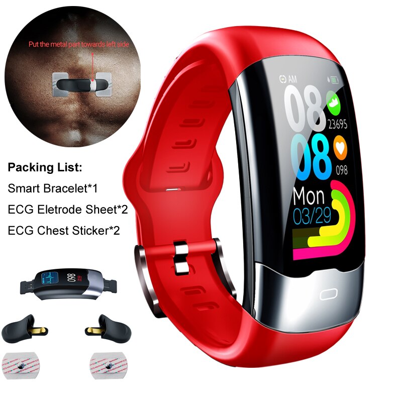 AVATTO ECG PPG HRV Smart Bracelet IP68 Waterproof Blood Pressure Oxygen Heart Rate Monitor Sport Tracker Men Women Wrist Band: Red Electrod Sheet