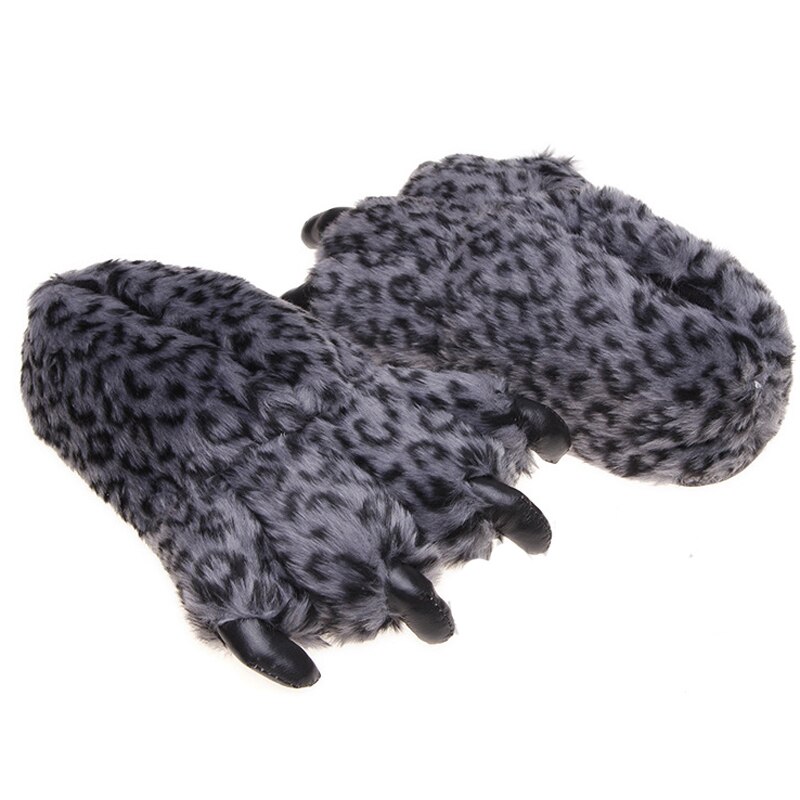 Zapatillas de interior con pata de oso para hombre y mujer, pantuflas suaves y cálidas de felpa con estampado de leopardo y garra de monstruo: Dark Gray