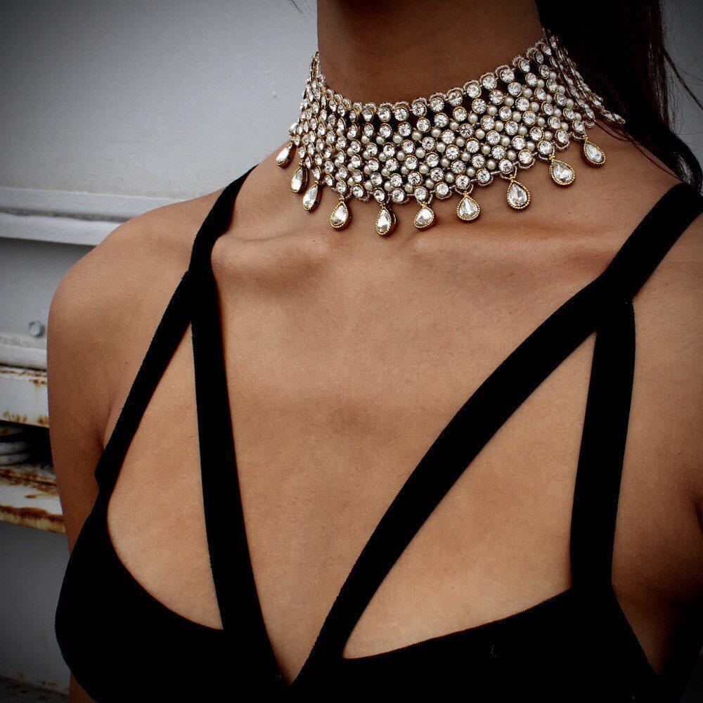 Luxury Multilayer Crystal Rhinestones Choker Necklace Women Indian Ethnic Statement Large Collar Necklace Jewelry