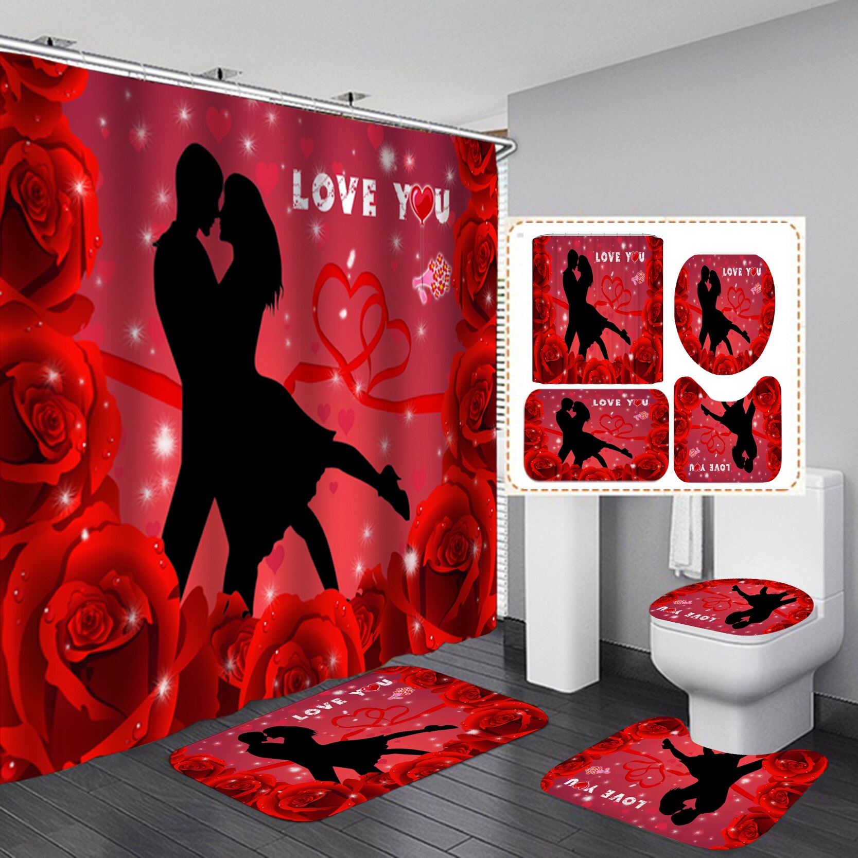 Rose lover badrumsgardin vattentät tyg duschdraperi 3d toalettöverdrag matta halkfri matta set alla hjärtans dag dekoration: F 4 st