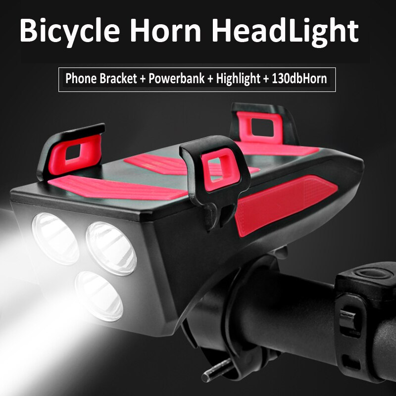 Multi-funktion USB Aufladbare Fahrrad Licht Kopf Lampe Telefon Halfter mit Fahrrad Horn Glocke 4in1 4000mAh MTB Radfahren Vorderseite Licht