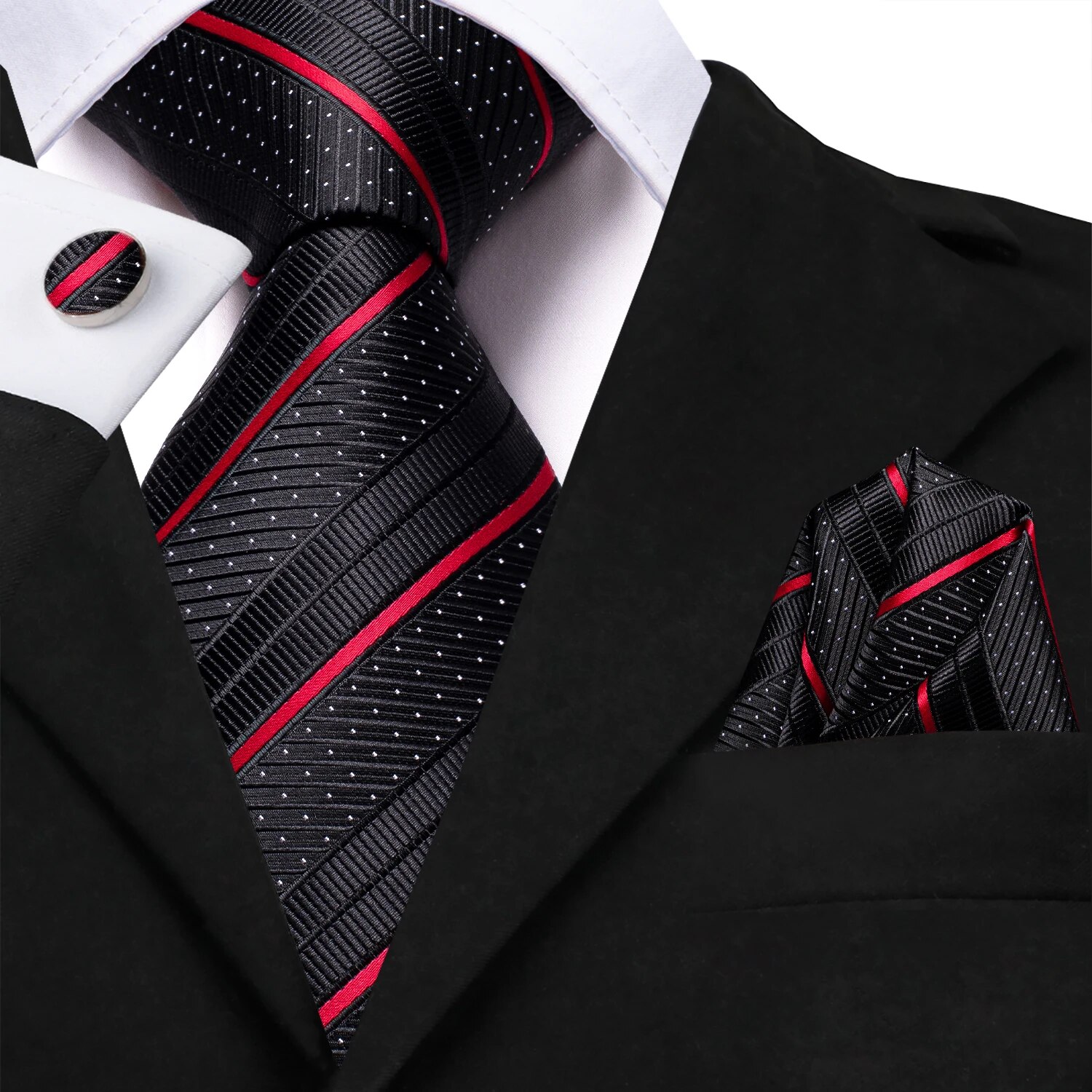 Hi-Tie Black Red Striped Silk Wedding Tie For Men Handky Cufflink Men Necktie Set Business Party
