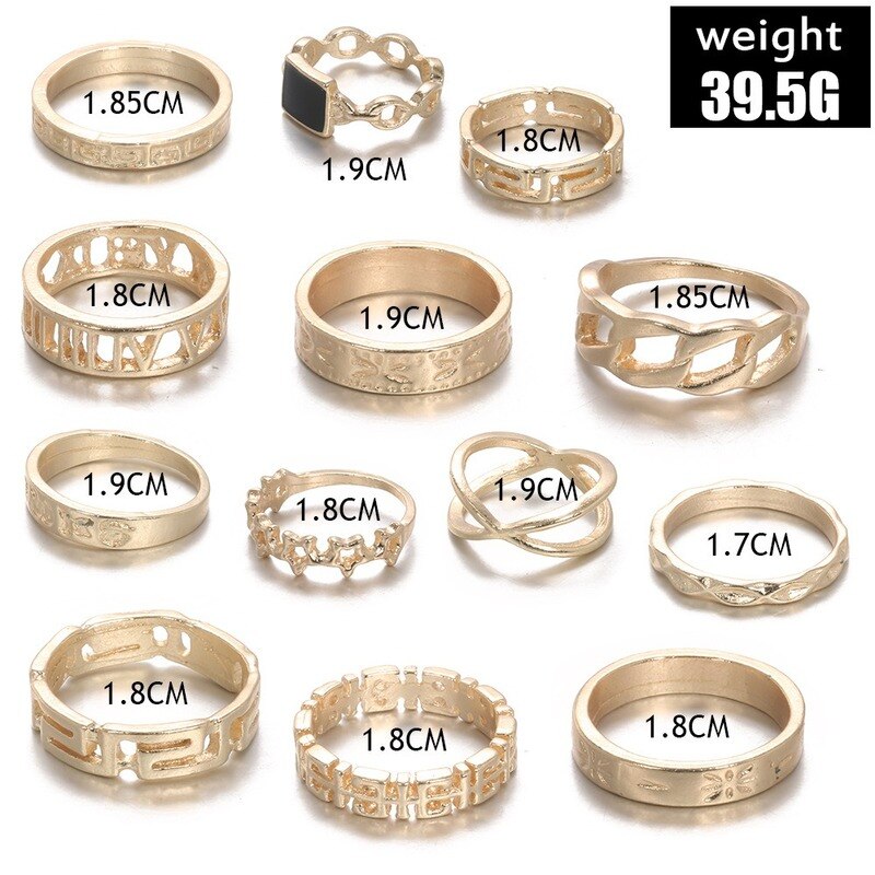 13Pcs Ring/Set Bohemian Vintage Gold Crescent Geometric Joint Ring for Women Crystal Personality Ring Set Party Jewelry