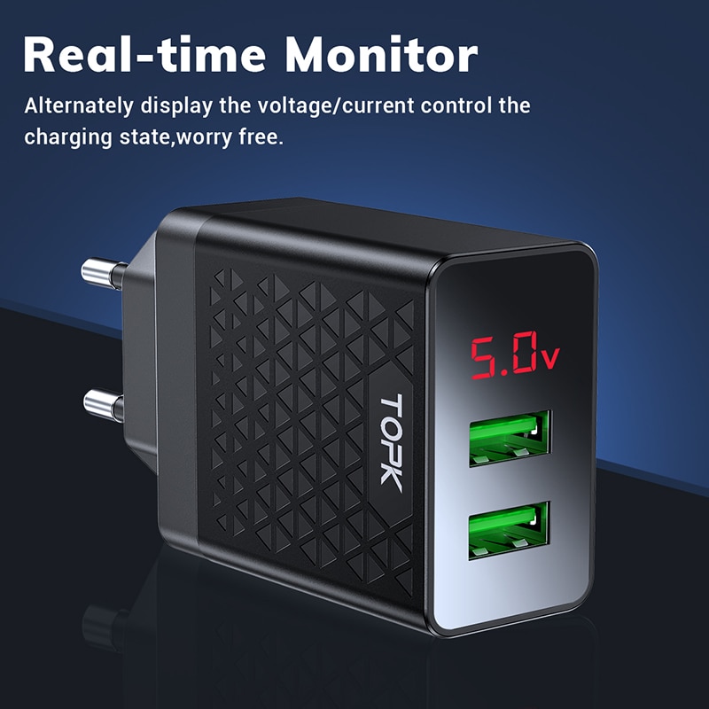 TOPK USB Ladegerät 2 Ports LED Digital Display Smart Handy Ladegerät für iPhone Samsung Xiaomi Huawei Wand Reise Adapter
