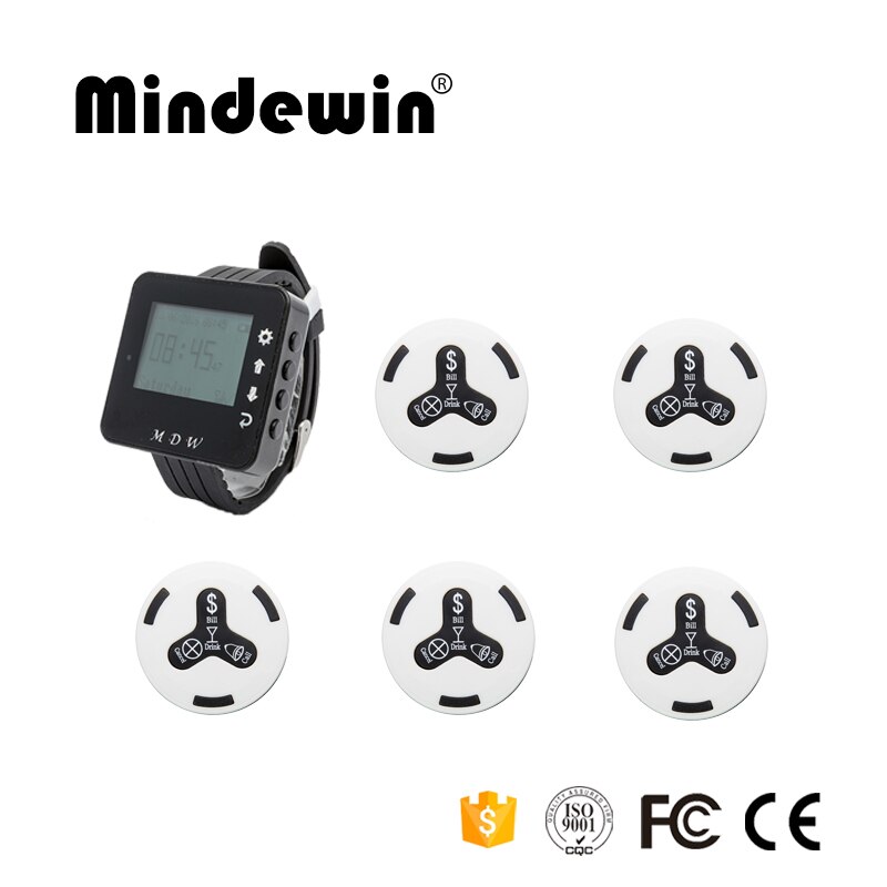 Mindewin Wireless Calling Paging System 1pc M-W-1 Wrist Watch Receiver Host+ 5pcs M-K-4 Call Transmitter Button 433MHz For Hotel