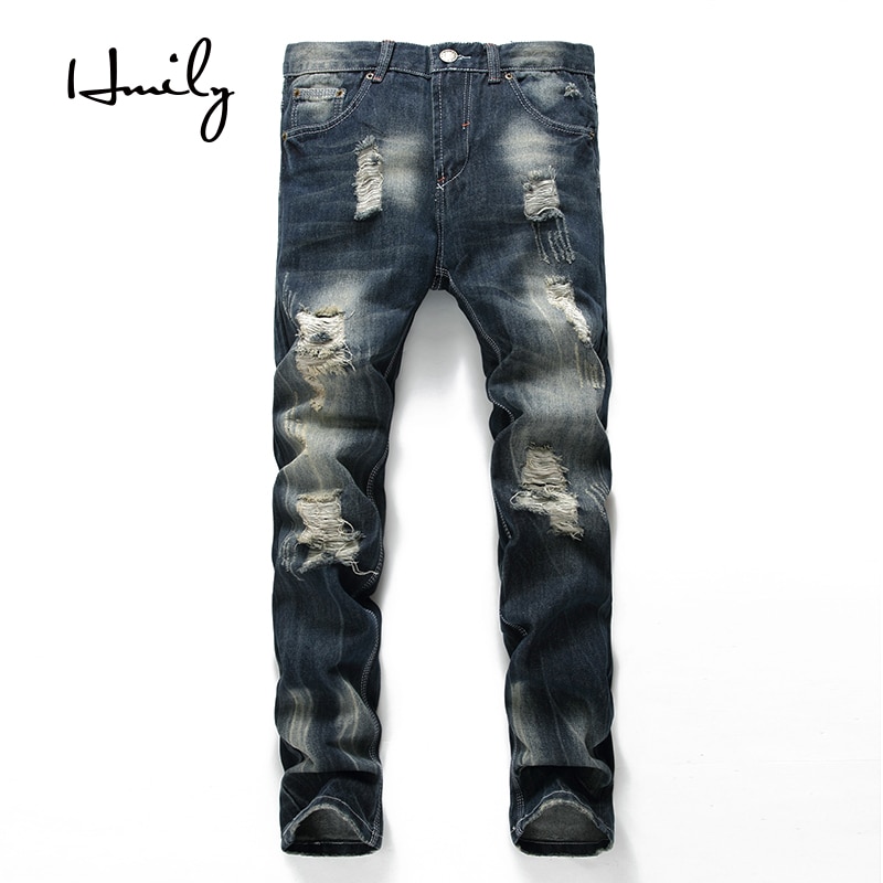 HMILY Ripped Biker Jeans Mens Distressed Denim Pants Man Torn Patches Stretch Jeans Men Blue Color Trousers