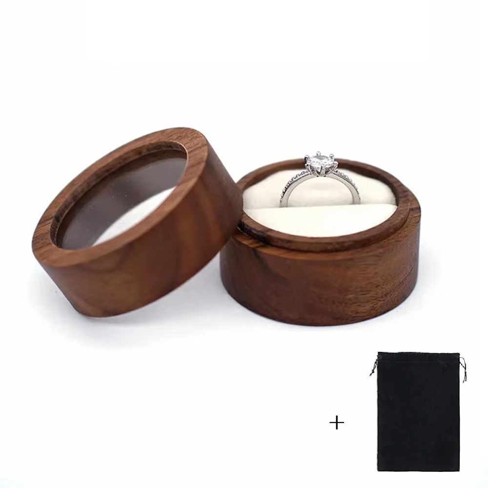Caja de anillo de madera con logotipo personalizado gratuito, grabado en madera, propuesta de boda, compromiso, madera redonda, caja de anillo con nombre y fecha personalizados gratis: S / Castaño