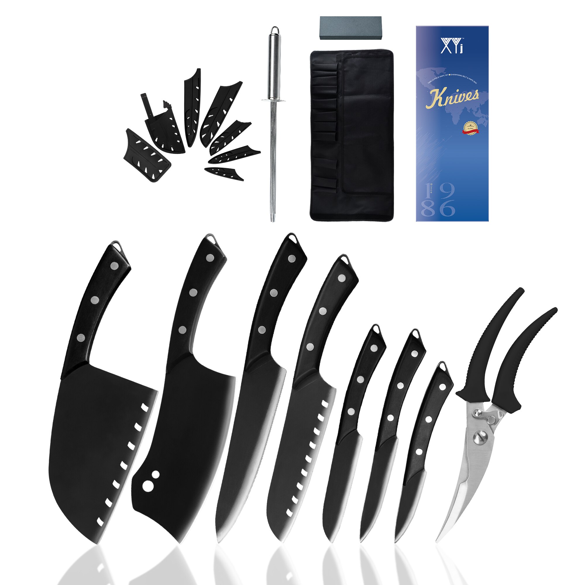 Pro Kitchen Chef Knives Set Stainless Steel Chopping Cleaver Kitchen Bone Shear Scissor Carrying Knife Bag Sharpener System