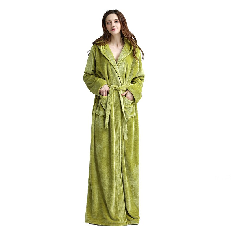 Extreme Lange Winter Vrouwen Badjas Warme Fluwelen Kimono Kamerjas Hooded Nachtjapon Nachtkleding Peignoir Bruidsmeisje Badjassen: Green / XL