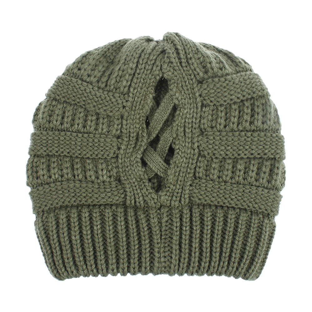 Bonnet queue de cheval pour femme, en coton, doux et extensible, en tricot tête de mort: Army 