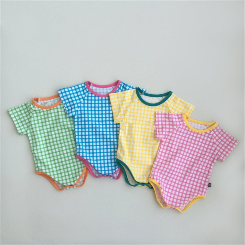 3731 zomer babykleding met korte mouwen, snoepkleurige ruitjes, kruipkleding, romper en muts voor 1 jaar oud voor meisjes en jongens