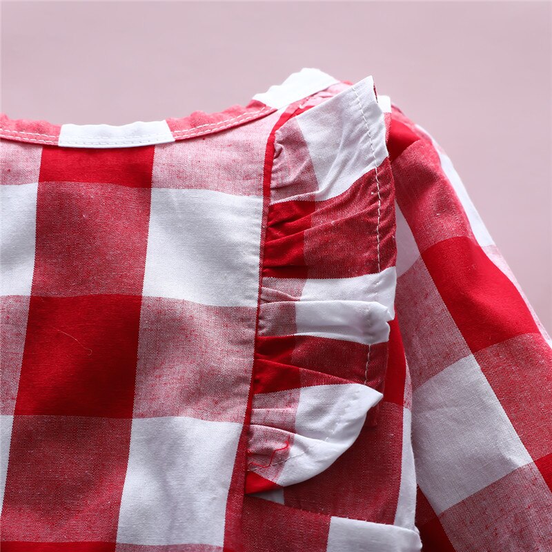 Baby jumpsuit met ruitjesprint, peuterkleding, o-hals, lange mouwen, kanten ruches, body's, babykleding voor meisjes