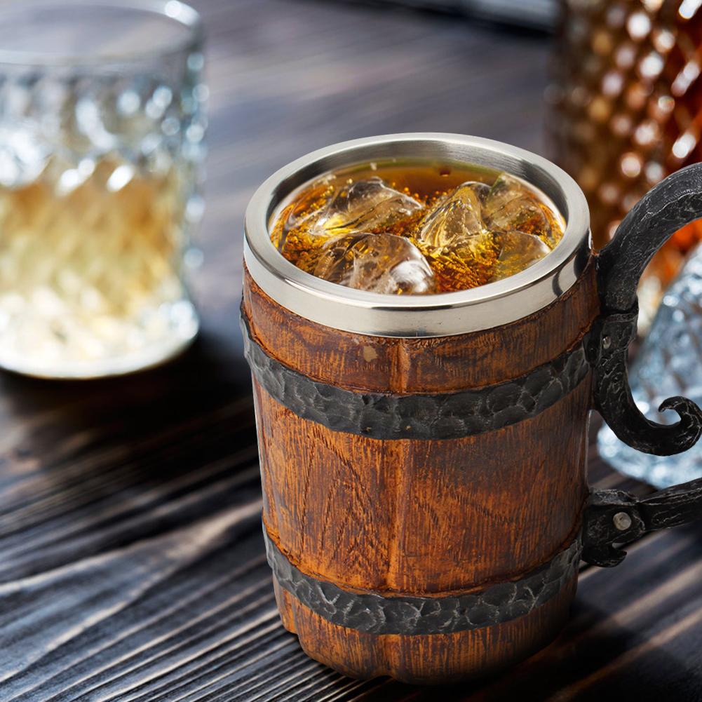 500ml viking træ stil øl krus som jul simulering træ tønde øl kop dobbelt væg drikke krus metal isoleret