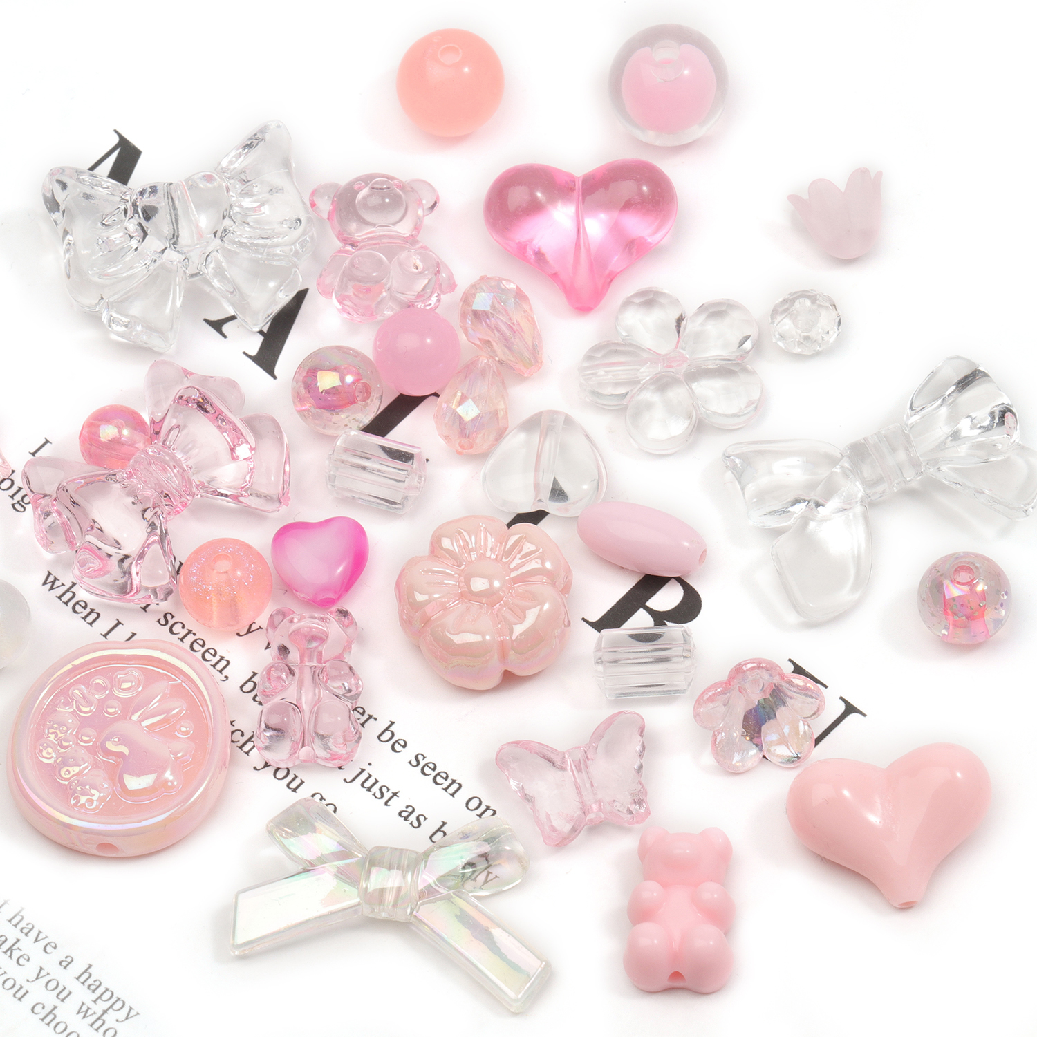 50g Color rosa mezcla aleatoria cuentas acrílicas arco corazón flor cuentas para cadena de teléfono DIY pulsera hecha a mano accesorios para hacer joyas