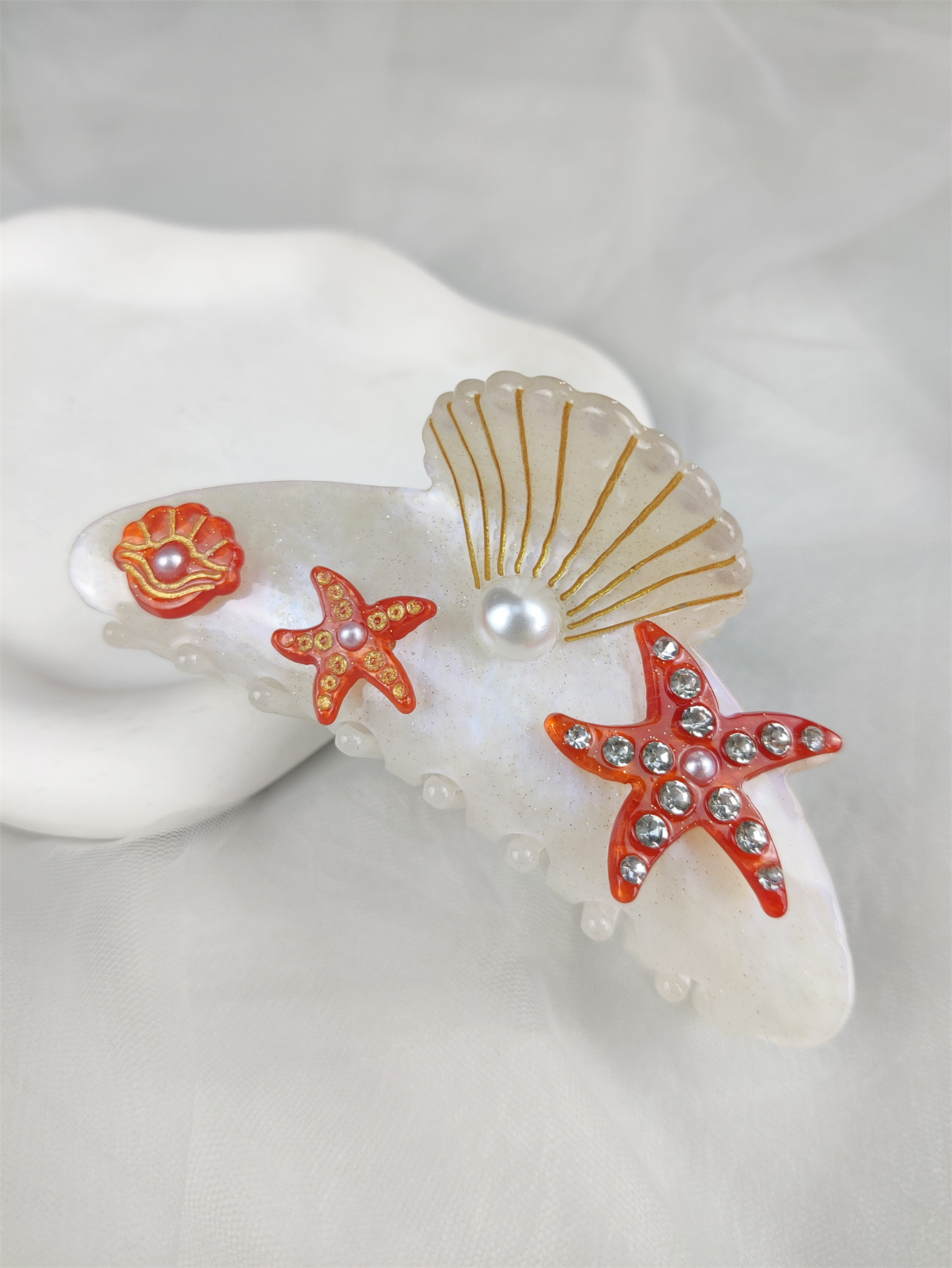 Pinzas para el cabello grandes de la serie Sea, pinzas para el cabello con concha de estrella de mar de diamante, accesorios para el cabello de acetato hechos a mano