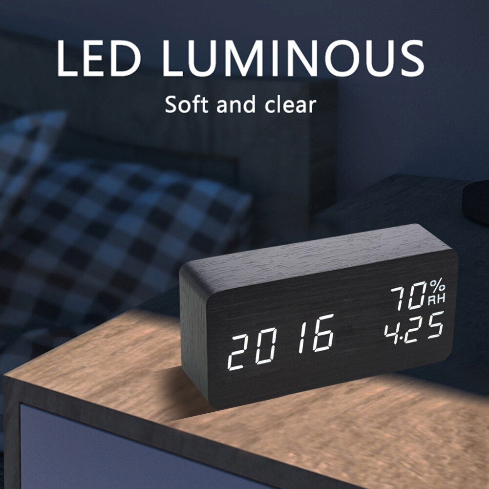 Bedroom Alarm Clock Home Bedside Desktop Wood Alarm Clock Living Room Multifunction Electronic LED Display Desk Alarm Clock