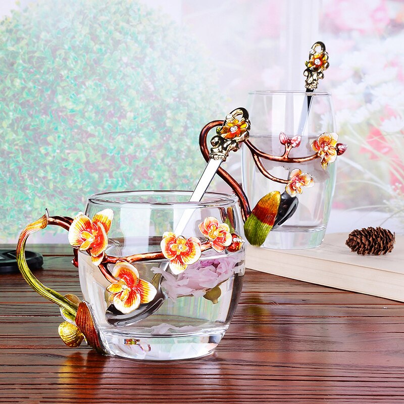 Ferskenblomst og strass dekoreret emalje kaffekop krus blomst te glasmælk kopper legering håndgreb kopper og krus