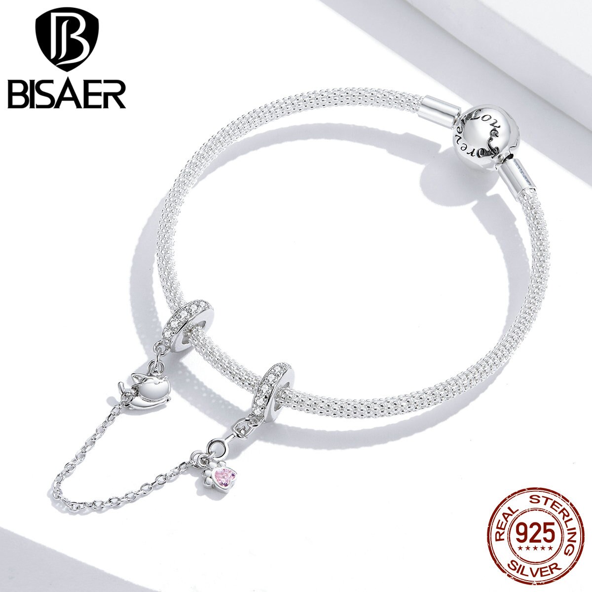 Bisaer kæledyr kat & fodaftryk sikkerhedskæde 925 sterling sølv stopper charms til kvinder originale sølv armbånd smykker efc 243