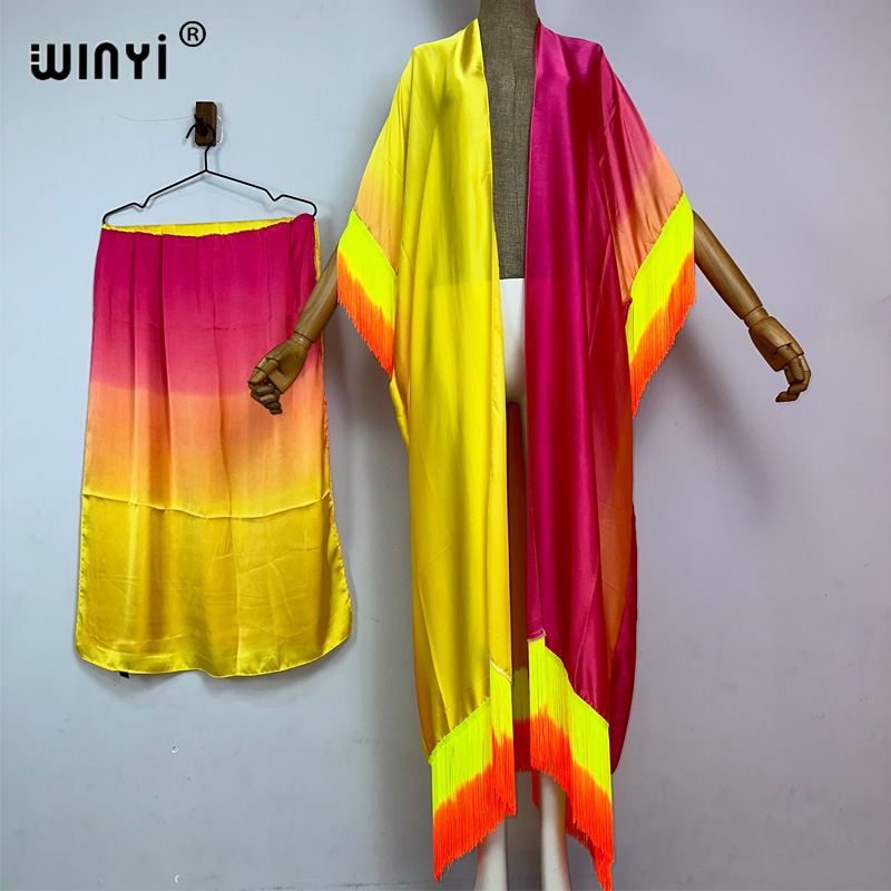 Winyi Kimono Cover-Ups Zomer Boho Geleidelijke Franje Print Bikini Cover-Up Mode Vest Sexy Kwastjes Maxi Jurk