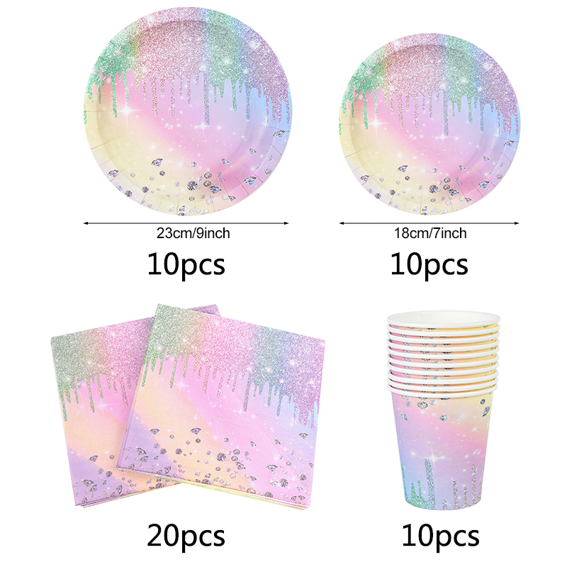 Iridescent Diamond Disposable Tableware Set Paper Plate Cup Napkins Girls Kids Birthday Party Decoration Supplies Baby Shower