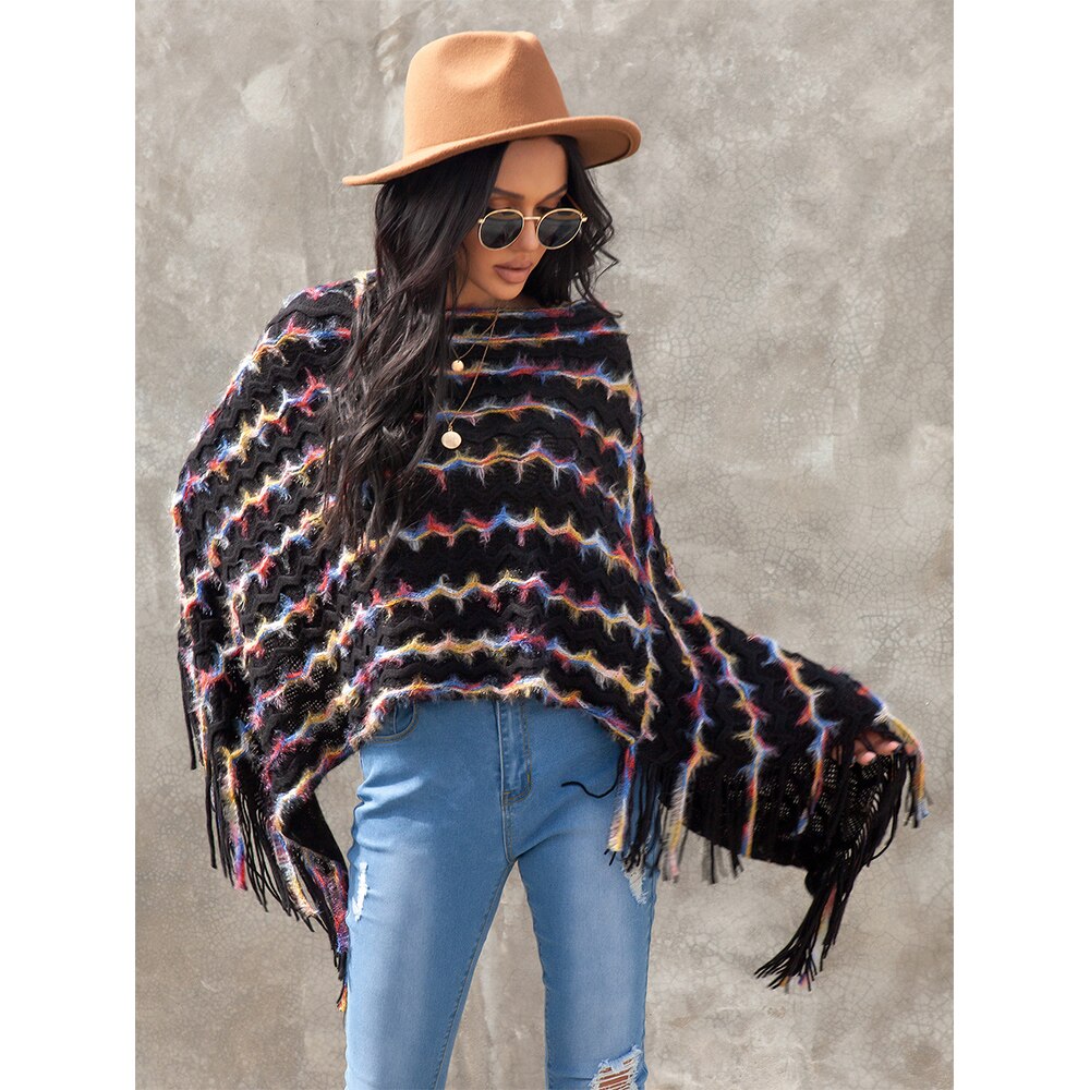 Women Colorful Striped Shawl Cloak Round Neck Wave Pattern Bat Sleeve Tassel Knitted Pullover Sweater for Streetwear
