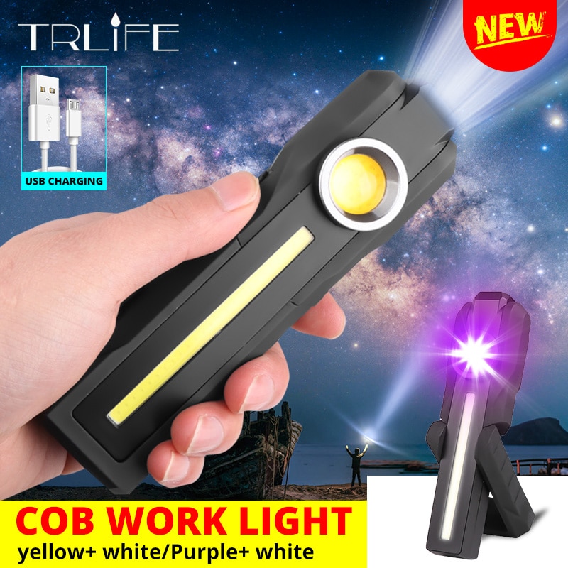 Cob arbejdslampe led bærbar lommelygte usb genopladelig lommelygte fleksibel magnetisk inspektion gul lilla hvid nød uv lys