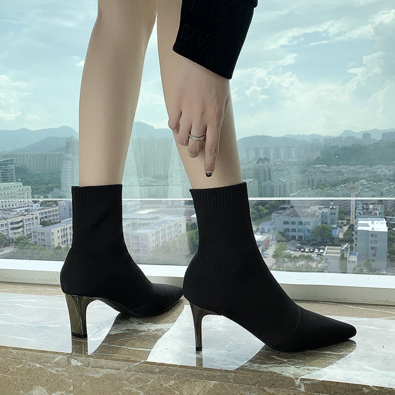 Aphixta botas curtas mulheres outono malha meias de tecido botas elásticas saltos finos finos magros botas de salto alto meias bota